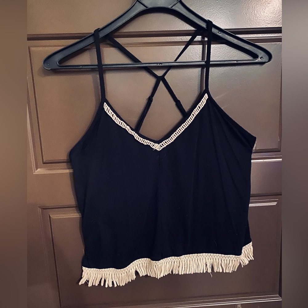 Small Black Camisole with Cream Fringe Trim —